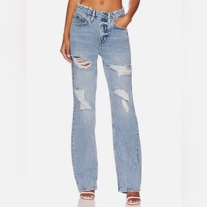 Good American Women's High Rise Destroyed hem Jeans